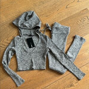 Fashion Nova Gray Ribbed Knit Hooded Crop Top & Pants Set